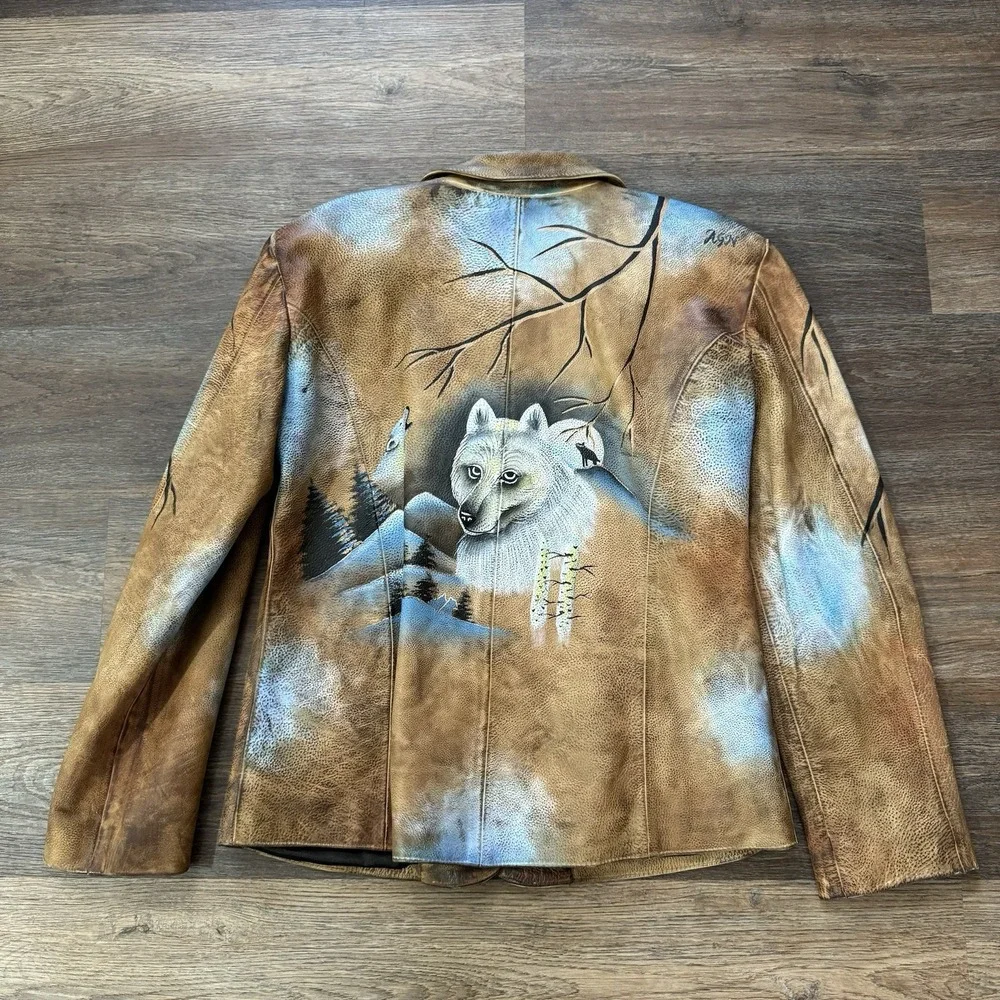 VTG Hand Painted Wolf Alaska Nature Brown Faux Leather Jacket Tagged Size XL - Picture 7 of 9
